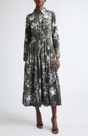 Oscar De La Renta Peony Print Long Sleeve Stretch Cotton Shirtdress in White/carbon at Nordstrom, Size 10