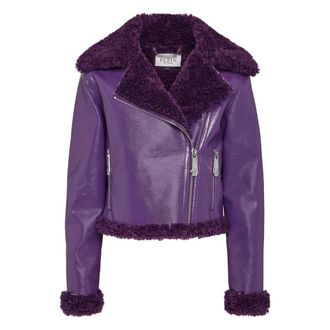 Philipp Plein Jassen, Dames, Paars, M, Polyester, Eco Shearling Short Biker Jacket Skull&Bones
