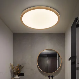 Globo Lighting Plafoniera Bagno Bagno Effetto Legno Chiaro Plafoniera Bagno Dimmerabile, Retroilluminazione, 1x Led 18w 1600lm Bianco Caldo, Dxh 29,4x2,5 Cm