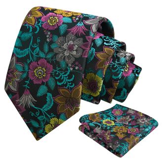Alizeal Mens Flower Pattern Tie and Pocket Square Classic Casual for Party Wedding Necktie and Hanky Set, Teal+Magenta+Orange