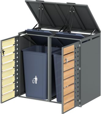 STILVORA Armario Para Cubos De Basura Con Tapa Abatible Hidraulica 2 Compartimentos Y 2 Puertas Con Cerradura Acero Gris Madera