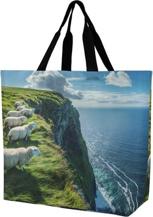 Generic Sheep Irish Cliff Tote Bag Reusable Grocery Shopping Bags Large Travel One Shoulder Handbag for Picnic Work