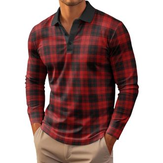Generic Long Sleeve Polo Shirts for Men Plaid Shirts Button Down T-Shirt 2026 Business Office Blouses Casual Pullover Tops Camisas Hombres(Red, S)