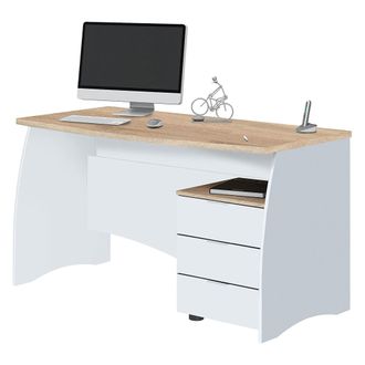 Dmora Escritorio Davell, Escritorio De Oficina, Mesa De Estudio Porta Pc Con 3 Cajones, 136x67h74 Cm, Blanco Y Roble - Dmora