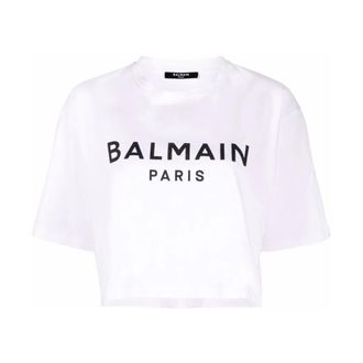 Balmain T-Shirts, female, White, Size: L White Crop T-Shirt
