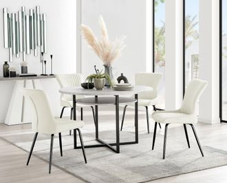 Furniturebox Adley Grey Concrete Effect Round Dining Table & 4 Nora Black Leg Velvet Chairs in Cream
