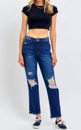 Judy Blue High Waist Rigid Magic Heavy Destroy Straight Jeans In Dark Wash