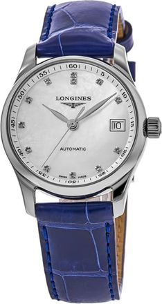 Longines Master Collection Automatic 34mm White Mother of Pearl Diamond Dial Leather Strap Womens Watch L2.357.4.87.0