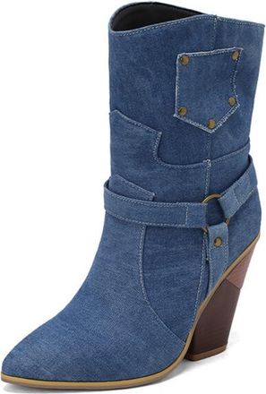 Generic Womens Crocodile Pattern Mid Calf Boots Pointed Toe Chunky Heel Buckle Decor Cushioned Insole Non-Slip Outsole Party Daily Streetwear Shoes,Blue,3.5 U