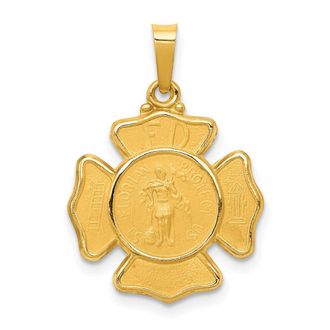 Diamond2Deal 14k Yellow Gold and Satin Hollow St Florian F. D. Badge Medal Pendant