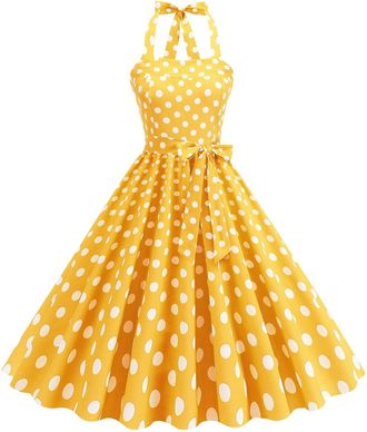 Generic Retro Dress for Women 1950 Swing Halter Neck Dress Vintage 50s 60s A-line Rockabilly Housewife Formal Evening Cocktail Wedding Tea Party Dresses,Yello