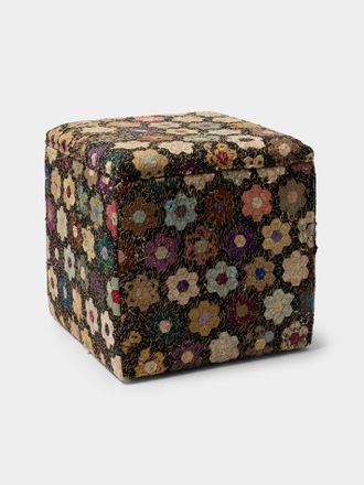 By Walid Oak and Vintage Patchwork Silk Storage Stool