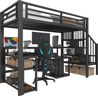 STILVORA Cama Alta 90 X 200 Cm Con Escritorio, Usb, Led Regulable Y Estantes, Sin Colch&oacute;n, De Metal, Negro