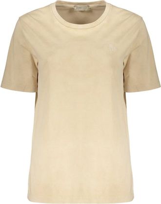 Herno Tops, Dames, Beige, S, Katoen, Geborduurde Katoenen T-shirt met Ronde Hals