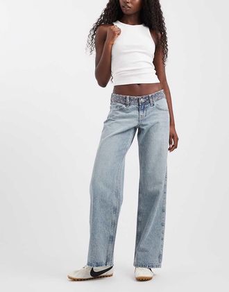 Hollister jeans baggy fit a vita ultra bassa con dettaglio in vita a pois nel lavaggio azzurro-Blu