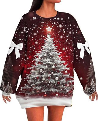 Generic Christmas Jumpers Women Oversized Funny Christmas Tree Printed Jumper Plus Size Novelty Xmas Sweatshirts Graphic Shirts Autumn Winter Pullover Tops Bl
