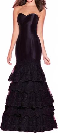 Madison James Strapless Lace Ruffle Bottom Dress In Black