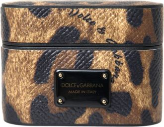 Dolce & Gabbana Womens Brown Leopard Calf Leather Metal Logo Plaque Airpods Case Accessory