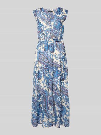 Oui Midikleid im Allover-Look mit Bindeg&uuml;rtel in Bleu, Gr&ouml;&szlig;e 34