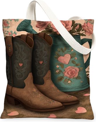 Generic Floral Canvas Tote Bags, Cowboy Boots Heart Pattern Reusable Grocery Bags, Rustic Lightweight Washable Shoulder Strap for T, Brown, 13x15 Inch