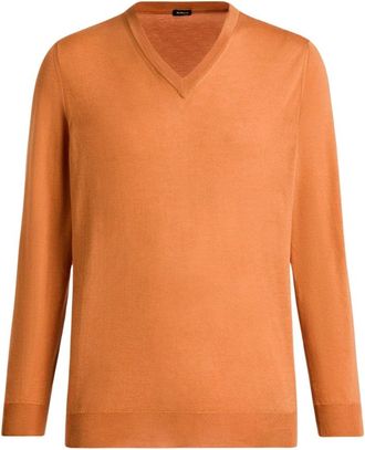 Kiton Zijde Kasjmier V-Hals Trui - Heren - Cashmere truien - Oranje - XL - Kasjmier - Truien & Vesten