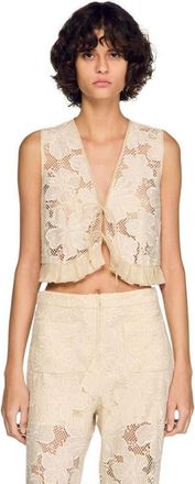 Sandro Guipure ruffle crop top in Ecru at Nordstrom, Size X-Large