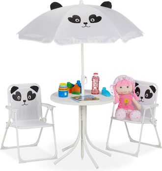 Relaxdays Relaxdays Conjunto De Sillas Infantiles Camping Panda Con Sombrilla, Mesa Y Sillas Plegables Para Jard&iacute;n, Blanco