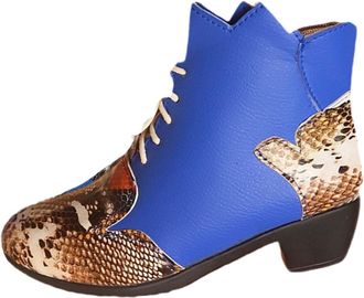 Generic Womens Fashion Print Colorblocking Short Boots Womens Chunky Heel Boots Horseback Riding Tops Women (Blue, 5.5)