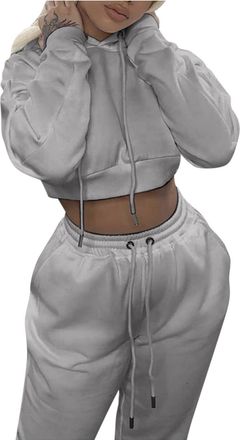 Generic Tracksuit Womens Full Set Solid Color Two Piece Outfit Cotton/Flax Lounge Wear Sets Sweatsuits Oversized Fashion Hoodies Jogger Sport Comfort Fleece T