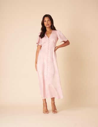 Nobody's Child Soft Pink Floral Jaquard Bridesmaids Erin Midi Dress