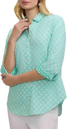 Foxcroft Margie Geo Lattice Three-Quarter Sleeve Button-Up Shirt in Green/White at Nordstrom, Size Medium