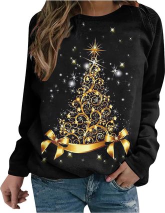 Generic Christmas Sweatshirts for Women Santa Claus Jumpers Novelty Xmas Pullover Funny Snowman Tops Long Sleeve Sweaters Casual Wine Glass Blouses Crew Neck 