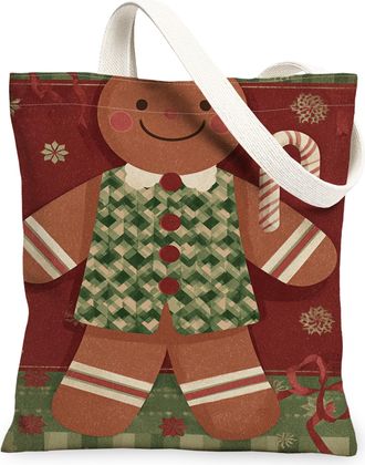 Generic Christmas Gingerbread Canvas Tote Bags, Festive Biscuits Pattern Reusable Grocery Bags, Holiday Lightweight Washable Should, Red, 13x15 Inch