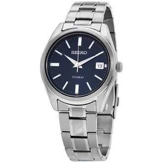 Seiko Classic Quartz Blue Dial Grey Titanium Mens Watch SUR373