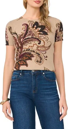 Vince Camuto Floral Short Sleeve Sweater in Wooden at Nordstrom, Size X-Small