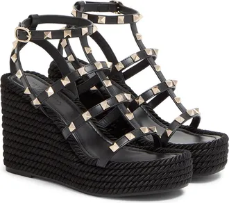 Valentino Garavani Rockstud Ankle Strap Wedge Sandal in Black at Nordstrom, Size 36