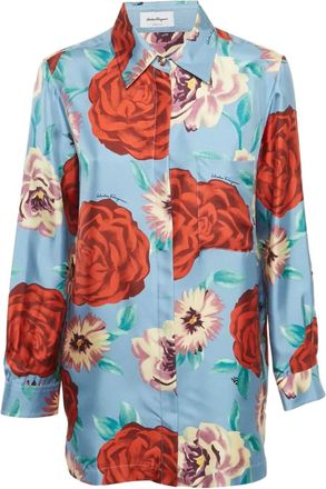 Ferragamo Blouse met roosprint en knopen - Blauw