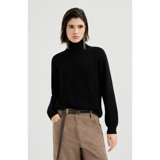 Brunello Cucinelli Cashmere English rib turtleneck sweater with monili in Black at Nordstrom, Size Xxx-Large