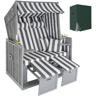 TecTake Beach Chair Sylt with cushions, footrest & rain cover in Grey | Size: 2 Seater