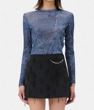 Ganni Printed Mesh Long Sleeve Crew Neck Top In Denim Blue
