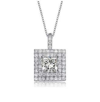 Rachel Glauber White Gold Plated with Clear Cubic Zirconia Solitaire Double Halo Cluster Pendant Necklace