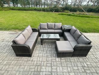 Fimous Outdoor Lounge Sofa Set 10 Seater Rattan Garden Furniture Set with Rectangular Coffee Table Side Table Big Footstool 3 Seater Sofa in Dark Grey