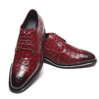 Generic Formal Shoes for Men Lace Up Crocodile Embossed Derby Shoes Leather Low Top Rubber Sole Block Heel Non Slip Business(Red,6.5 UK)