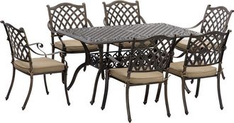 OUTSUNNY 7-PC Cast Aluminum Patio Dining Set w/ Umbrella Hole & Cushion Bronze