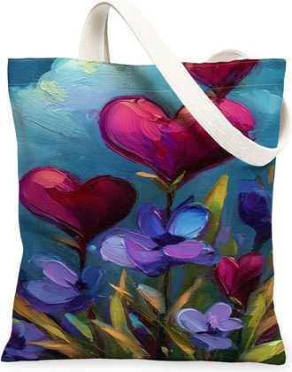 Generic Floral Heart Canvas Tote Bags, Artistic Flower Pattern Reusable Grocery Bags, Vintage Inspired Lightweight Washable Shoulde, Multicolor, 13x15 Inch