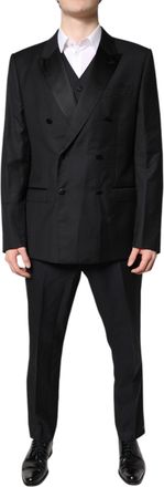 Dolce & Gabbana Mens Black Double Breasted Formal 3 Piece Suit Virgin Wool Silk Polyester