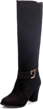Generic Black,6.5 UK,Fashion Belt Buckle Knee high Boots for Womens Round Toe Chunky Heels Tall Boot Suede Party Club Fall Winter Comfy Dress Shoes