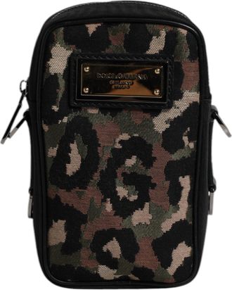 Dolce & Gabbana Mens Multicolor Leopard Jacquard Logo Plaque Neck Strap Bag