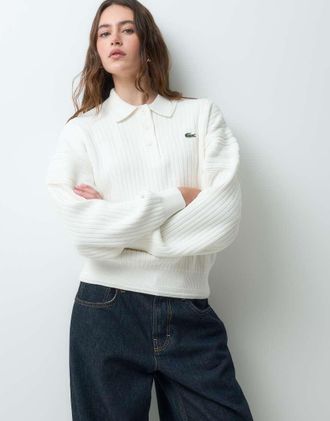 Lacoste polo in maglia di cotone con dettagli testurizzati, crema-Bianco