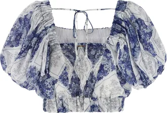 Twin-Set Floral Lozenge-Print Ramie Blouse - Blue